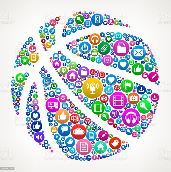 Basketball Internet Communication Technology Icon Pattern. The main object is completely filled by round buttons with technology and internet communication icons. the buttons vary in size and color and have a slight gradient glow on them. The background of this 100% royalty free vector illustration is light. The round buttons form a seamless pattern and are visually engaging. The icons include popular technology visuals such as computer equipment, internet communication email and messaging icons and many more.