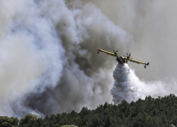 A Canadair firefighting plane sprays water during a fire in Dervenochoria, north-west of Athens, on July 19, 2023. Extreme heat was forecast across the globe on July 19, 2023, as wildfires raged and health warnings were in place in parts of Asia, Europe and North America. Firefighters battled blazes in parts of Greece and the Canary Islands, while Spain issued heat alerts and some children in Italy's Sardinia were told to stay away from sports. (Photo by SPYROS BAKALIS / AFP)