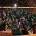 Belgrade (Serbia), 28/04/2024.- Players of Unicaja celebrate with the trophy after winning the FIBA Champions League Final Four final basketball match between CB 1939 Canarias and Baloncesto Malaga in Belgrade, Serbia, 28 April 2024. (Baloncesto, Liga de Campeones, Belgrado) EFE/EPA/ANDREJ CUKIC