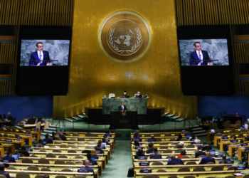 Prime Minister of Greece Kyriakos Mitsotakis addresses the 77th session of the United Nations General Assembly at U.N. headquarters, Friday, Sept. 23, 2022. (AP Photo/Jason DeCrow)